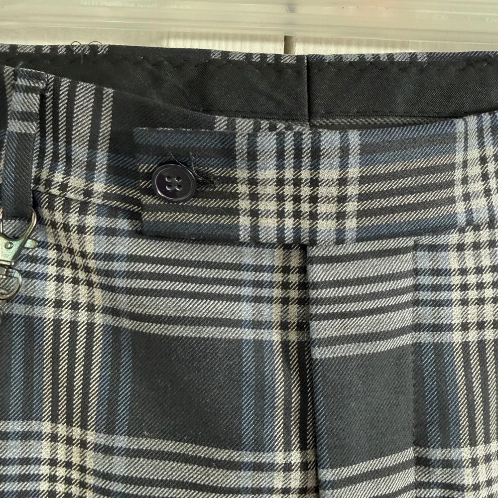 Mens 36 Plaid Chain Trousers Navy Gray Punk Goth Dark Academia Y2K Pants 36x29
